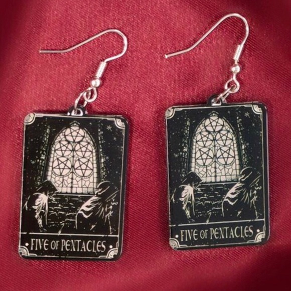 Jewelry - “Five of Pentacles” Tarot Card Hooded Monk Stained Glass Clairvoyant Goth Dangle